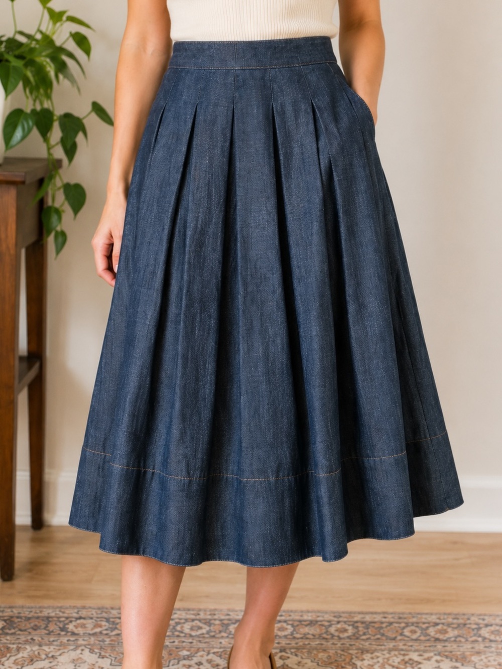 Talbots Size 2 Pleated Denim A-Line Midi Skirt Blue